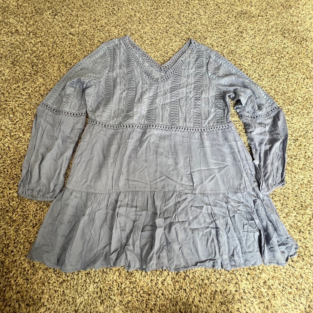 Indigo Thread Co Blue Embroidered V Neck Long Sleeve Tiered Mini Dress Women L‎